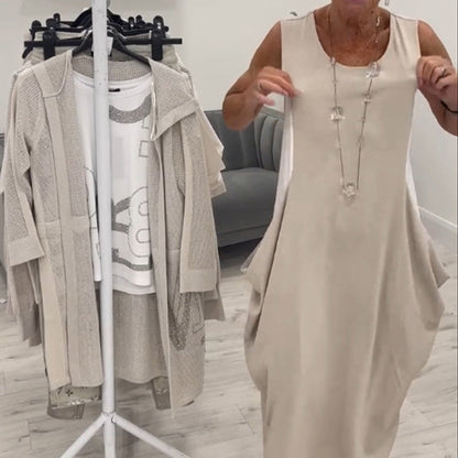 👗Enkel Klänning med Fickor och Ärmlös