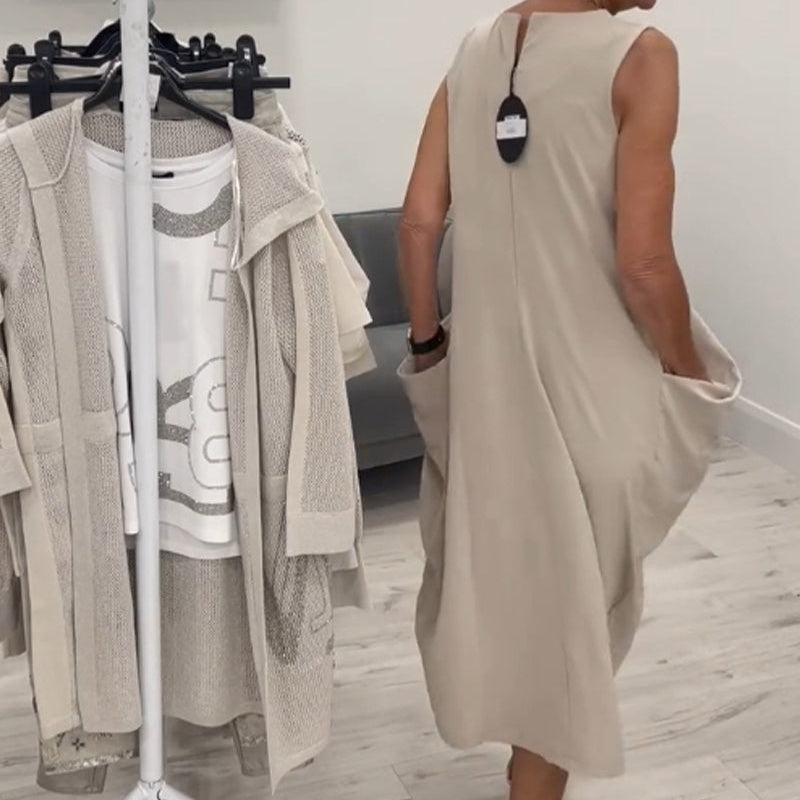 👗Enkel Klänning med Fickor och Ärmlös