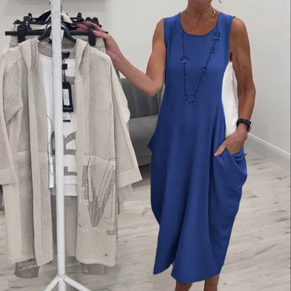 👗Enkel Klänning med Fickor och Ärmlös
