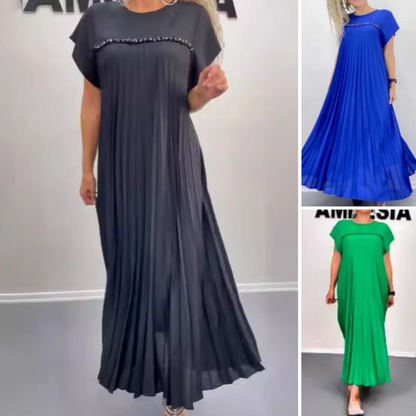 Elegant långklänning med veckad rund hals för kvinnor