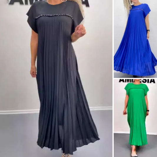 Elegant långklänning med veckad rund hals för kvinnor