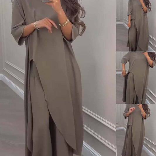 Enfärgad oregelbunden topp & byxor med vida ben 2-PCS set