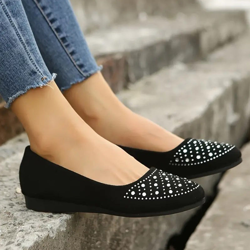 Bekväma slip-on-lägenheter för kvinnor med dekorationer av strass