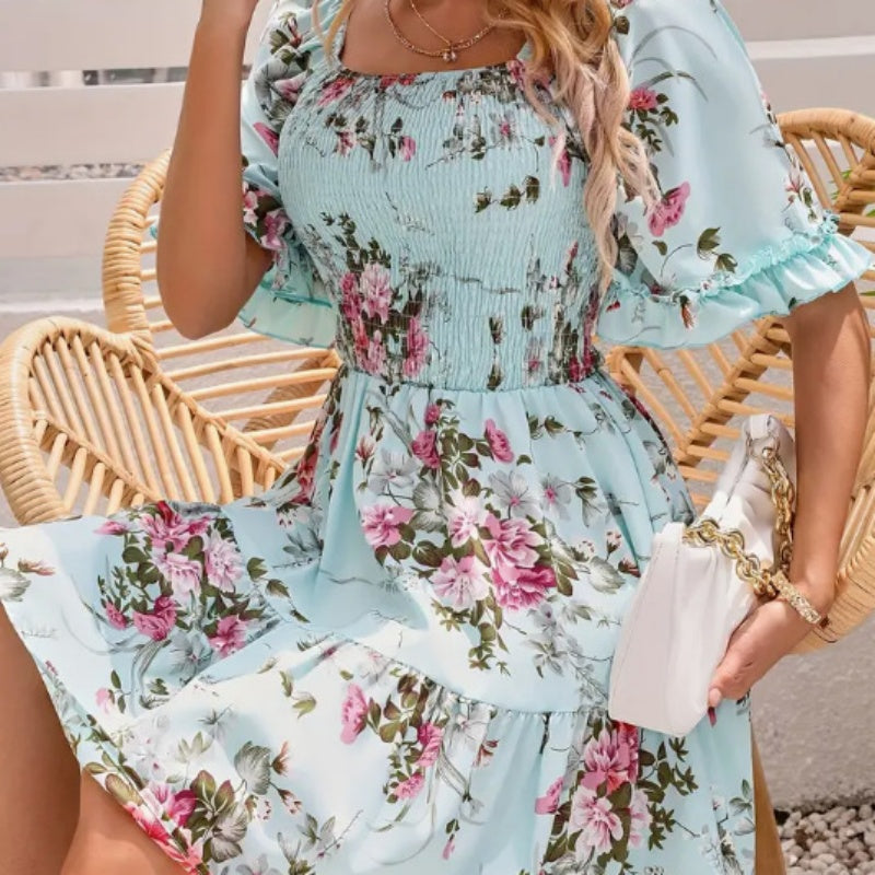 🌸Elegant damklänning med fyrkantig halsringning och blommönster🌸