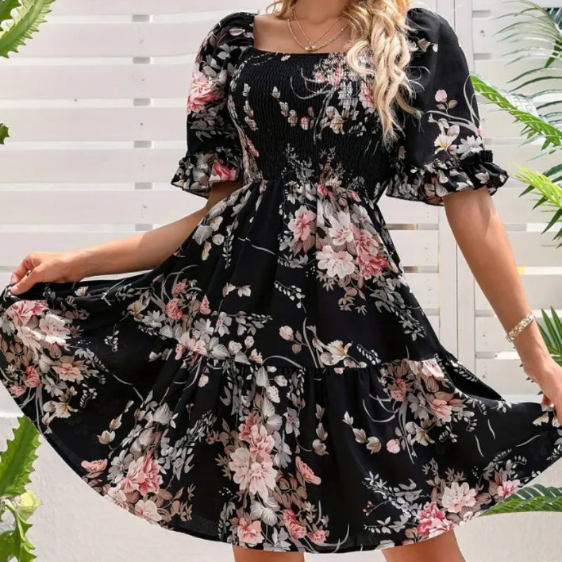 🌸Elegant damklänning med fyrkantig halsringning och blommönster🌸