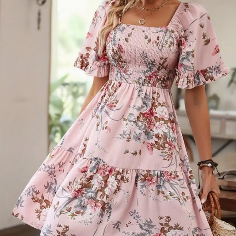 🌸Elegant damklänning med fyrkantig halsringning och blommönster🌸