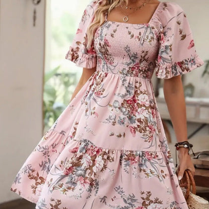 🌸Elegant damklänning med fyrkantig halsringning och blommönster🌸