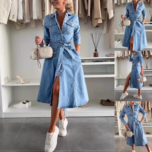 ❤️Långärmad denimklänning för kvinnor med knappslå