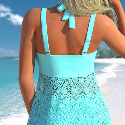 👙Varm försäljning 50% rabatt💕Kvinnors Tvådelade Set: V-ringad Spets Baddräkt och Shorts