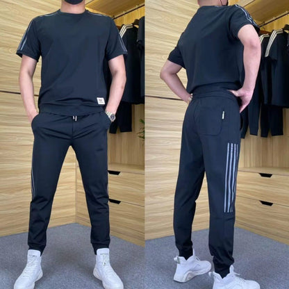 2-delat set med kortärmad topp och joggingbyxor med hög stretch för män