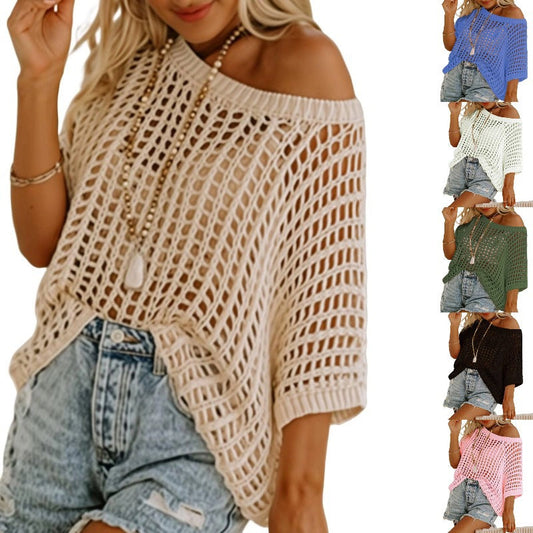 🎁2026 Ny het försäljning - Dam sommar scoop hals kortärmad tröja casual virkade ihåliga stickade toppar pullover skjortor strand täckning