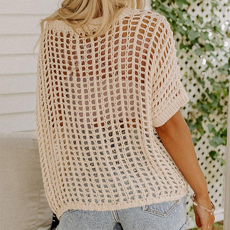 🎁2026 Ny het försäljning - Dam sommar scoop hals kortärmad tröja casual virkade ihåliga stickade toppar pullover skjortor strand täckning