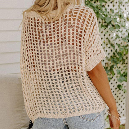 🎁2026 Ny het försäljning - Dam sommar scoop hals kortärmad tröja casual virkade ihåliga stickade toppar pullover skjortor strand täckning
