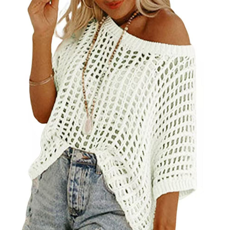 🎁2026 Ny het försäljning - Dam sommar scoop hals kortärmad tröja casual virkade ihåliga stickade toppar pullover skjortor strand täckning