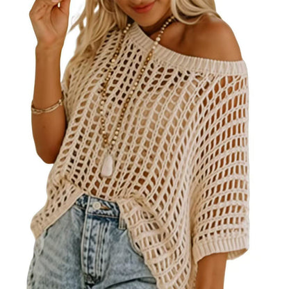 🎁2026 Ny het försäljning - Dam sommar scoop hals kortärmad tröja casual virkade ihåliga stickade toppar pullover skjortor strand täckning
