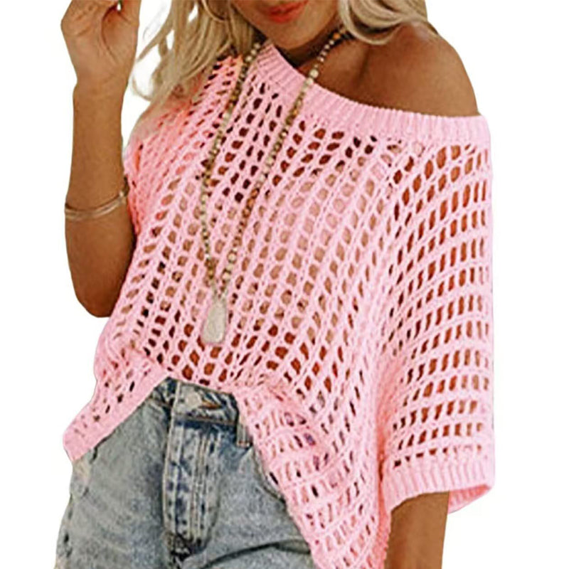🎁2026 Ny het försäljning - Dam sommar scoop hals kortärmad tröja casual virkade ihåliga stickade toppar pullover skjortor strand täckning