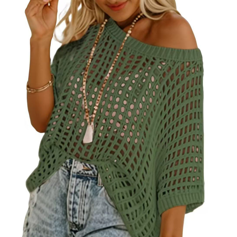🎁2026 Ny het försäljning - Dam sommar scoop hals kortärmad tröja casual virkade ihåliga stickade toppar pullover skjortor strand täckning