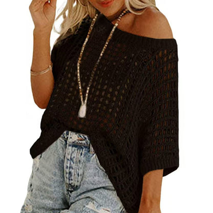🎁2026 Ny het försäljning - Dam sommar scoop hals kortärmad tröja casual virkade ihåliga stickade toppar pullover skjortor strand täckning