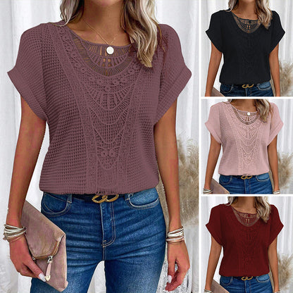 ✨50% OFF✨Kortärmade toppar med rund hals i fast virka för kvinnor