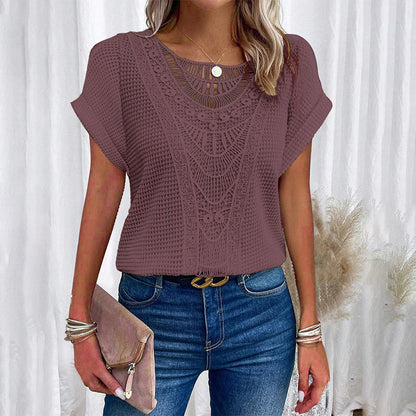 ✨50% OFF✨Kortärmade toppar med rund hals i fast virka för kvinnor