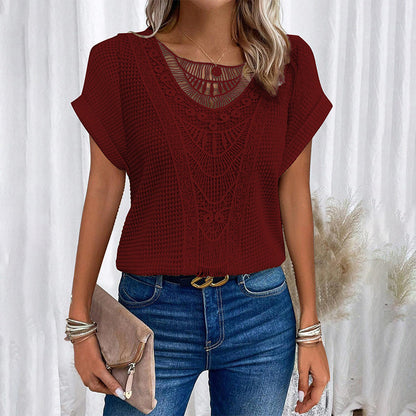 ✨50% OFF✨Kortärmade toppar med rund hals i fast virka för kvinnor