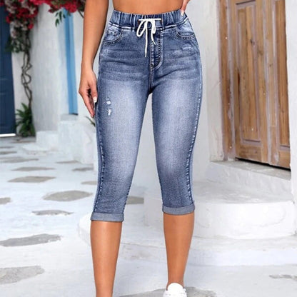 Jeans med dragsko och hög midja för kvinnor