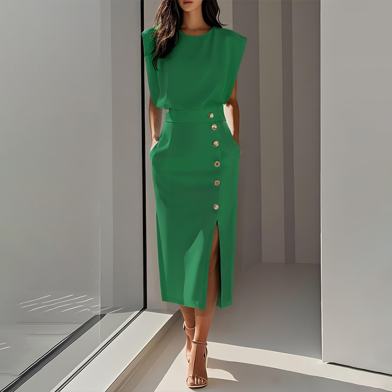 👗 50% RABATT! ✨ Dam Midiklänning med Elegant Slits – Figursydd Silhuett, Mjukt Tyg & Perfekt För En Stilren Sommarkväll 💃
