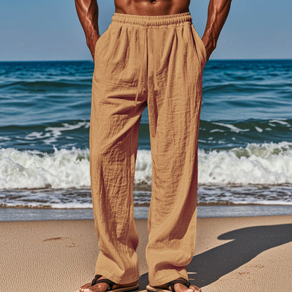 👖 50% RABATT NU!🌿 Herr Andningsbar Linne Byxor – Lättviktig Sommar Slapp Passform – Justerbar Dragkedja Midja – Casual Strand Byxor 🏖️