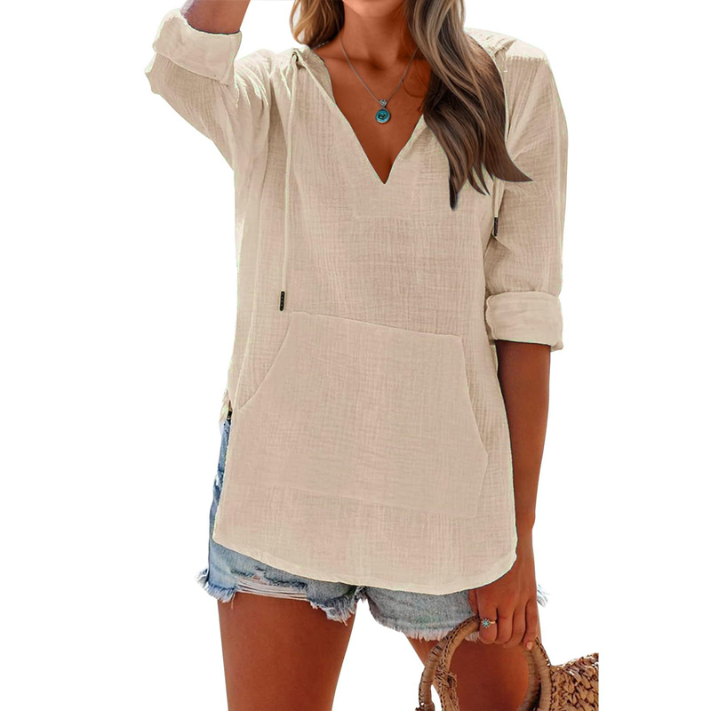 👚 50% RABATT NU! ✨ Enfärgad V-ringad Långärmad Topp med Huva & Fickor – Mjuk Bomull/Linne – Perfekt för Alla Årstider 🌿