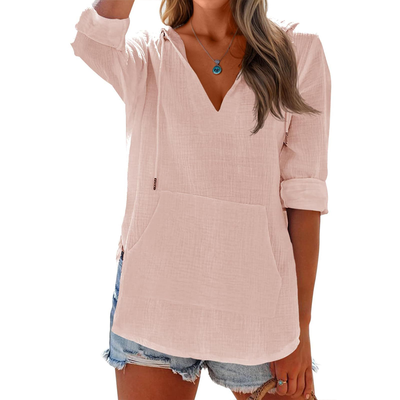 👚 50% RABATT NU! ✨ Enfärgad V-ringad Långärmad Topp med Huva & Fickor – Mjuk Bomull/Linne – Perfekt för Alla Årstider 🌿