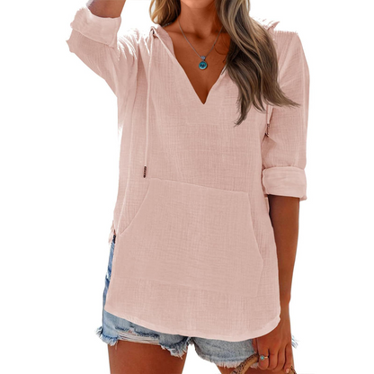 👚 50% RABATT NU! ✨ Enfärgad V-ringad Långärmad Topp med Huva & Fickor – Mjuk Bomull/Linne – Perfekt för Alla Årstider 🌿