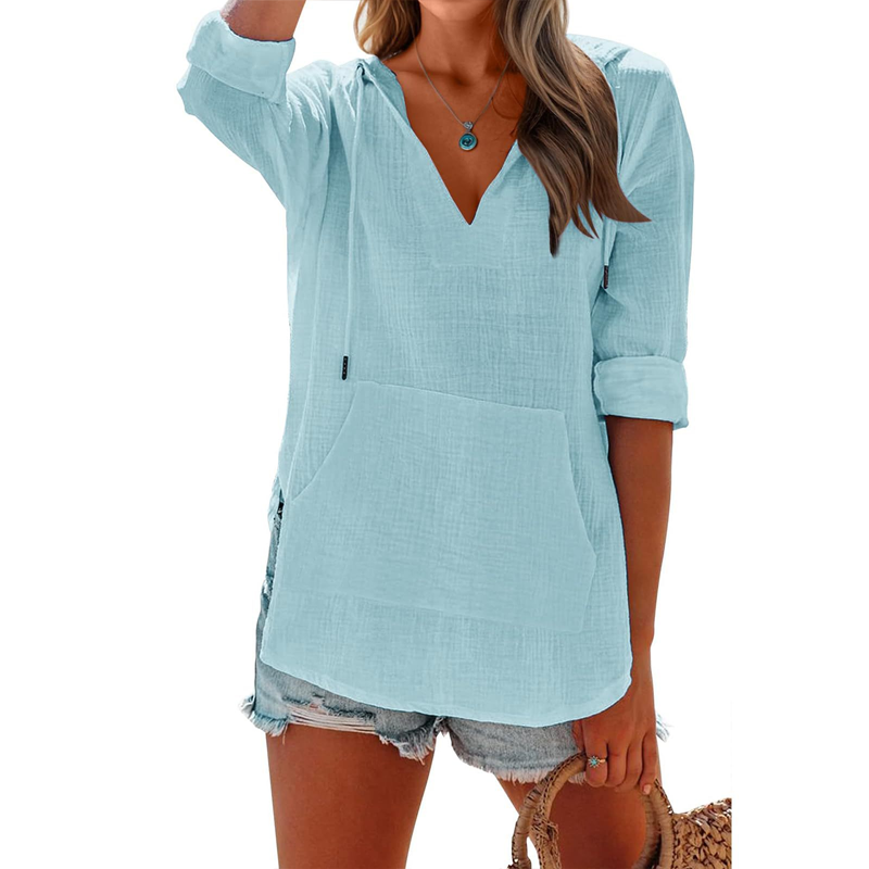 👚 50% RABATT NU! ✨ Enfärgad V-ringad Långärmad Topp med Huva & Fickor – Mjuk Bomull/Linne – Perfekt för Alla Årstider 🌿