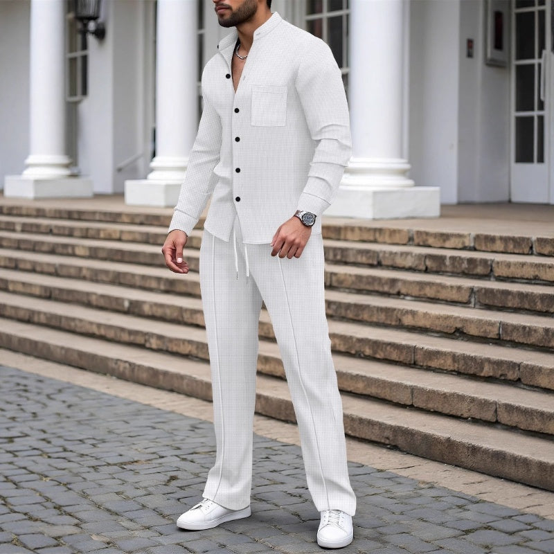 🎁2026 Nyheter 50 % RABATT💥Herrkläder, vardagligt våffelskjortor och byxor, 2-delars set