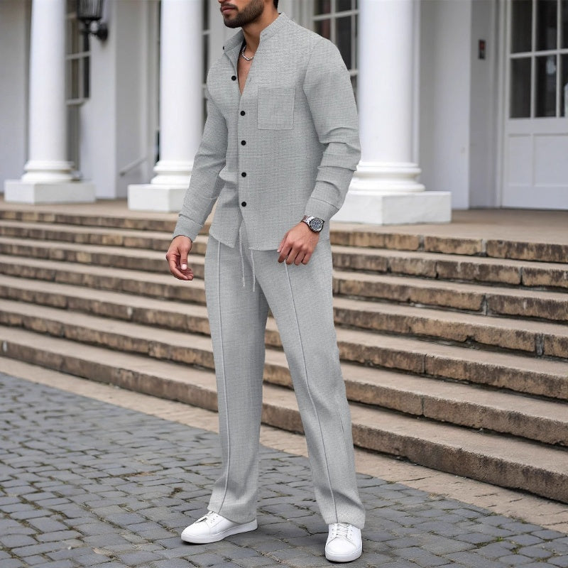 🎁2026 Nyheter 50 % RABATT💥Herrkläder, vardagligt våffelskjortor och byxor, 2-delars set