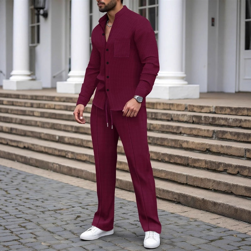 🎁2026 Nyheter 50 % RABATT💥Herrkläder, vardagligt våffelskjortor och byxor, 2-delars set