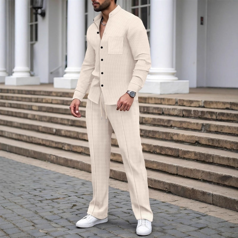 🎁2026 Nyheter 50 % RABATT💥Herrkläder, vardagligt våffelskjortor och byxor, 2-delars set