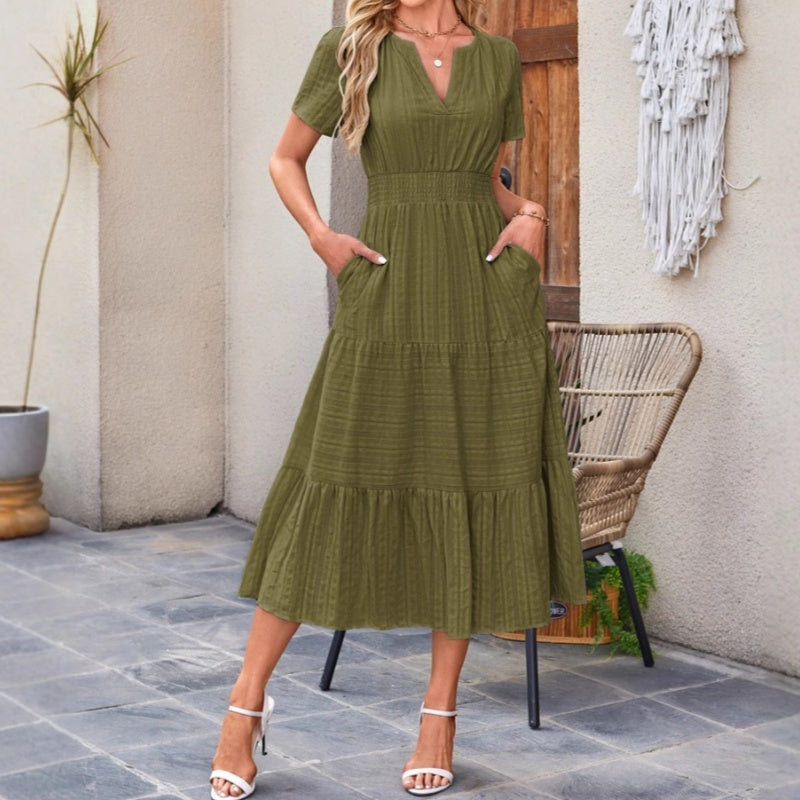 🔥🎁Nyhet 50 % RABATT🔥🔥Kortärmade V-neckade långklänningar för kvinnor med kort ärm👗