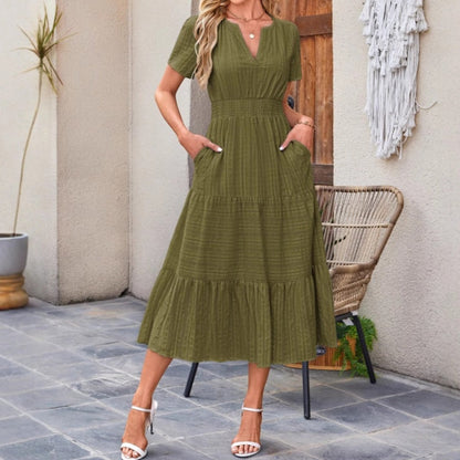 🔥🎁Nyhet 50 % RABATT🔥🔥Kortärmade V-neckade långklänningar för kvinnor med kort ärm👗