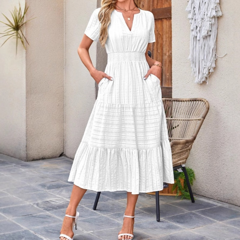 🔥🎁Nyhet 50 % RABATT🔥🔥Kortärmade V-neckade långklänningar för kvinnor med kort ärm👗