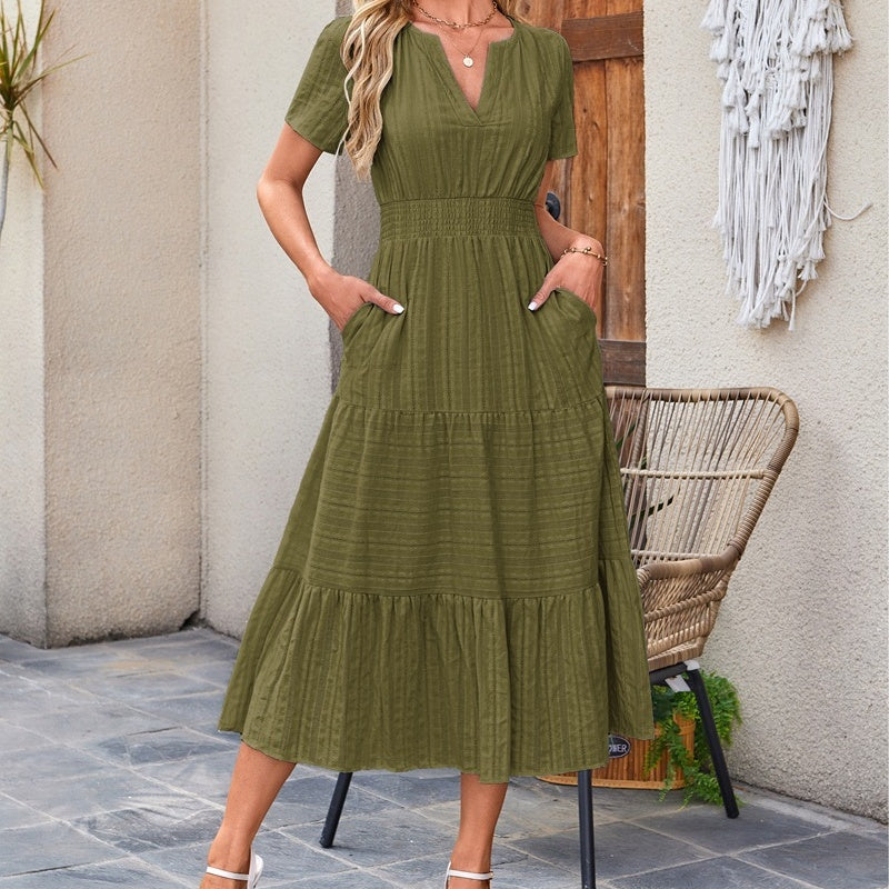 🔥🎁Nyhet 50 % RABATT🔥🔥Kortärmade V-neckade långklänningar för kvinnor med kort ärm👗