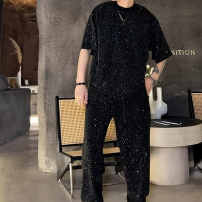 Herrkortärmad topp och vida byxor, 2-delat set