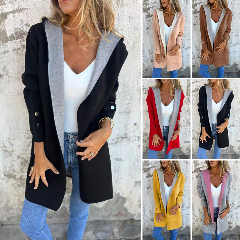 🌸Höstens nya modell💐 Damrock med öppen framsida och huva i färgblock