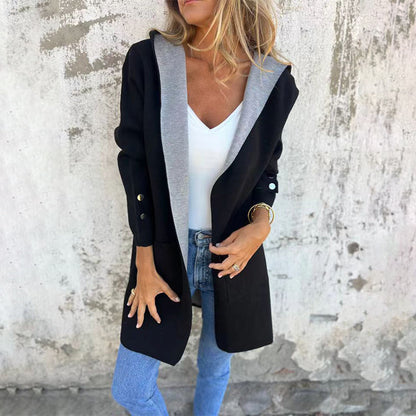 🌸Höstens nya modell💐 Damrock med öppen framsida och huva i färgblock