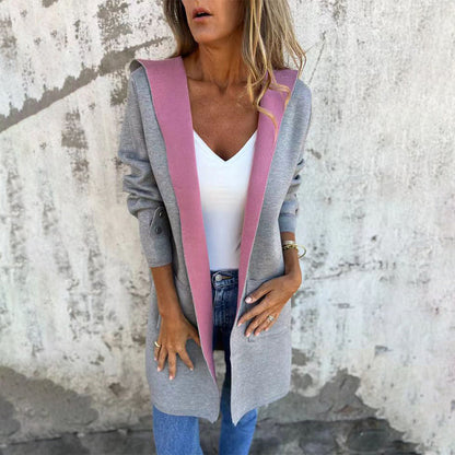 🌸Höstens nya modell💐 Damrock med öppen framsida och huva i färgblock