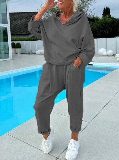 🔥🎁Nyhet 50 % RABATT🔥🍁 Kvinnors enfärgad tvådelade set i hoodie