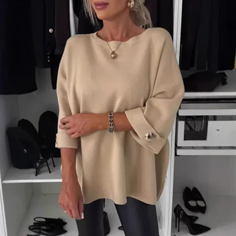 Klassisk enfärgad stickad topp för kvinnor