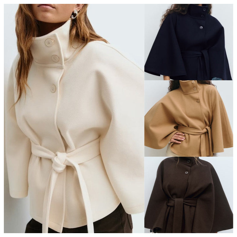 🧥 60% RABATT! 🛡️ Damjacka i Cape-Stil – Ståkrage, Bälte & Elegant Siluett för Vardag och Fest ✨