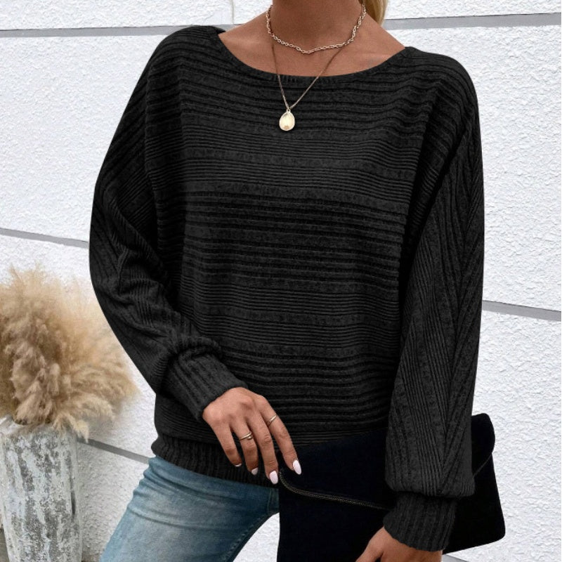 Höstrea – 50 % rabatt🌹Enfärgad rundhalsad randig topp med långa ärmar