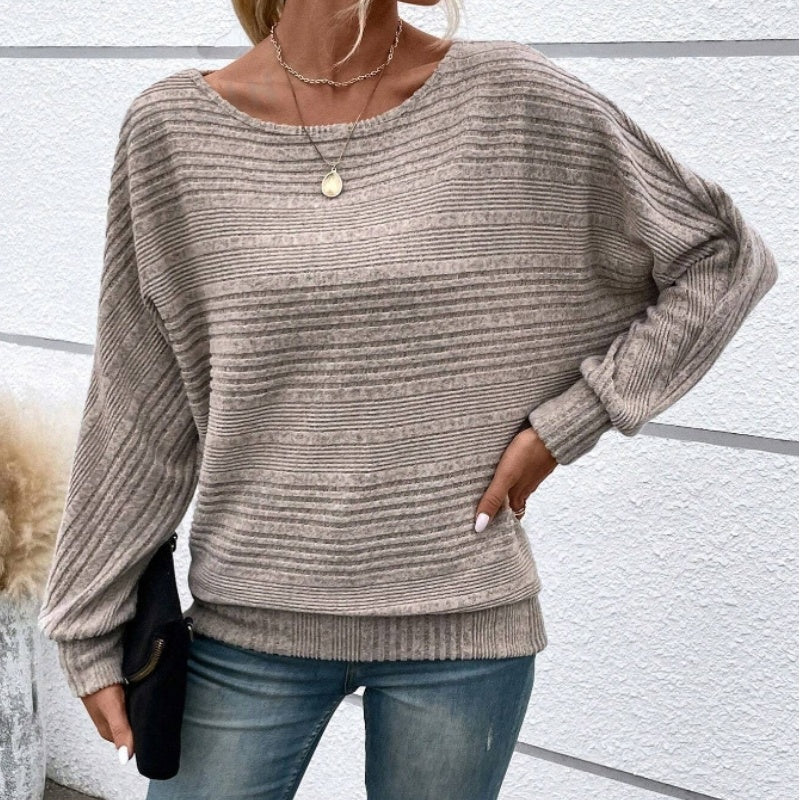 Höstrea – 50 % rabatt🌹Enfärgad rundhalsad randig topp med långa ärmar