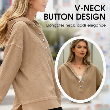 🎉 50 % RABATT UNDER BEGRÄNSAD TID! 🧥 Långärmad hoodie för dam – V-ringning med knappdetaljer, avslappnad passform och sidoslitsar – elegant utan ansträngning 🌸✨
